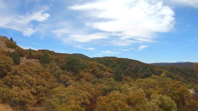Video clip slow pan to right with beautiful Fall colors in California countryside and back country with Manzanita bushes and Creosote. Distant mountains with wispy clouds in background..