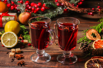 mulled wine (delicious and festive drink) menu concept. food background. copy space. Top view
