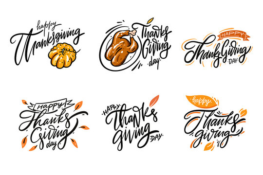 Happy Thanksgiving day lettering set 1. Hand drawn collection vector illustration. Isolated on white background.