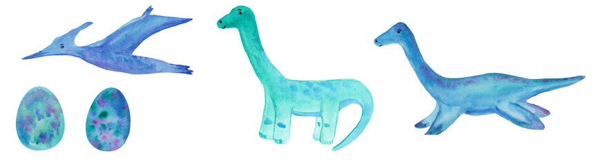 set of watercolor dinosaurs on a white background. the three three dinosaurs - pterodactyl, diplodocus and blue eggs. raster illustration for prints, clothing, cards and templates. © Анастасия Погуда