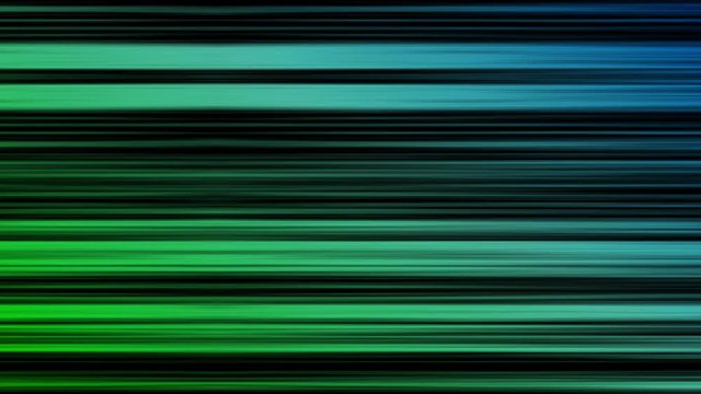 Motion background with narrow lines, striped pattern, seamless loop. Animation. Abstract gradient lines in horizontal movements blue and green color on black background.