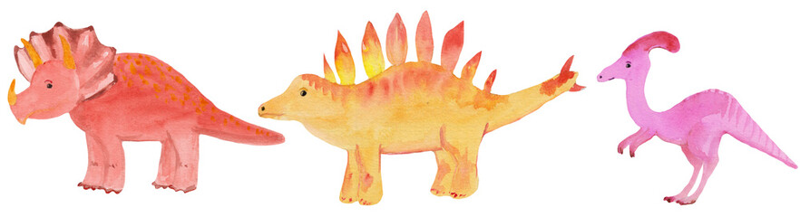 set of watercolor dinosaurs on a white background. three orange pink dinosaurs - triceptor, brontosaurus. raster illustration for prints, clothing, cards and templates. © Анастасия Погуда