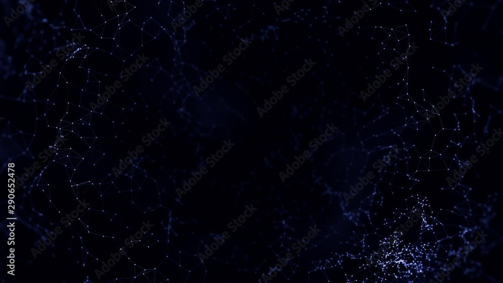 Poster blue plexus texture with dots, lines, triangles flowing on black background, seamless loop. animatio