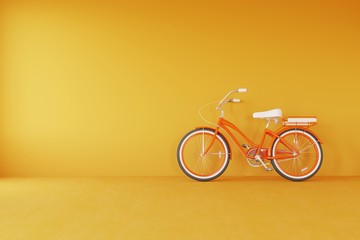 Retro bycycle orange color on yellow wall 3d rendering