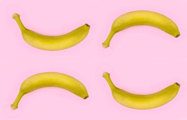Banana collage. Chilled fruits out of the fridge with condensate droplets. Pink background. Juicy yellow berry. Delicious banan.