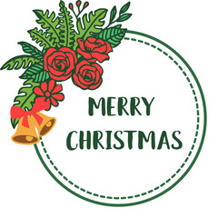 Template of greeting card merry christmas, with green leaves frame and red flower, isolated on white background. Vector