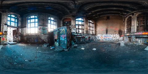 Obraz na płótnie Canvas 3D spherical panorama with 360 viewing angle ready for virtual reality or VR. Full equirectangular projection. ghost town. Exterior of abandoned industrial building landscape architecture of the city