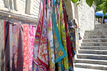 Colorful women pashmina shawls. Fabric texture 