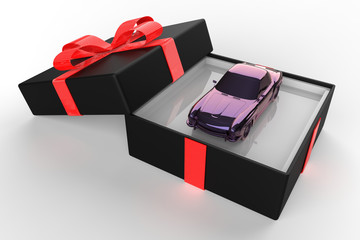 Car in box and ribbon gift on white background. 3d illustration