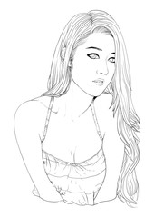 sexy women pose. drawing women and long hair . drawing line for T-Shirt . . line pen of set faces and hairstyle. Continuous line. drawing style line pen. beauty women .sexy girl . 