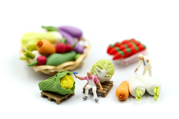 Miniature people : Worker farmer market painting vegetables.