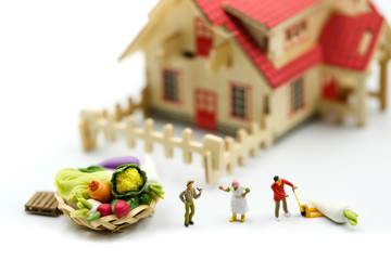 Miniature people : Farmer gardener in action with market,Farm Local Market Concept