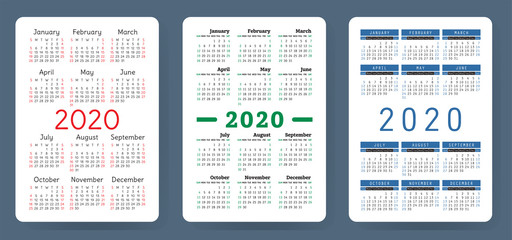 Calendar 2020. Colorful vector set. Pocket calender collection. Week starts on Sunday. Basic grid template for print