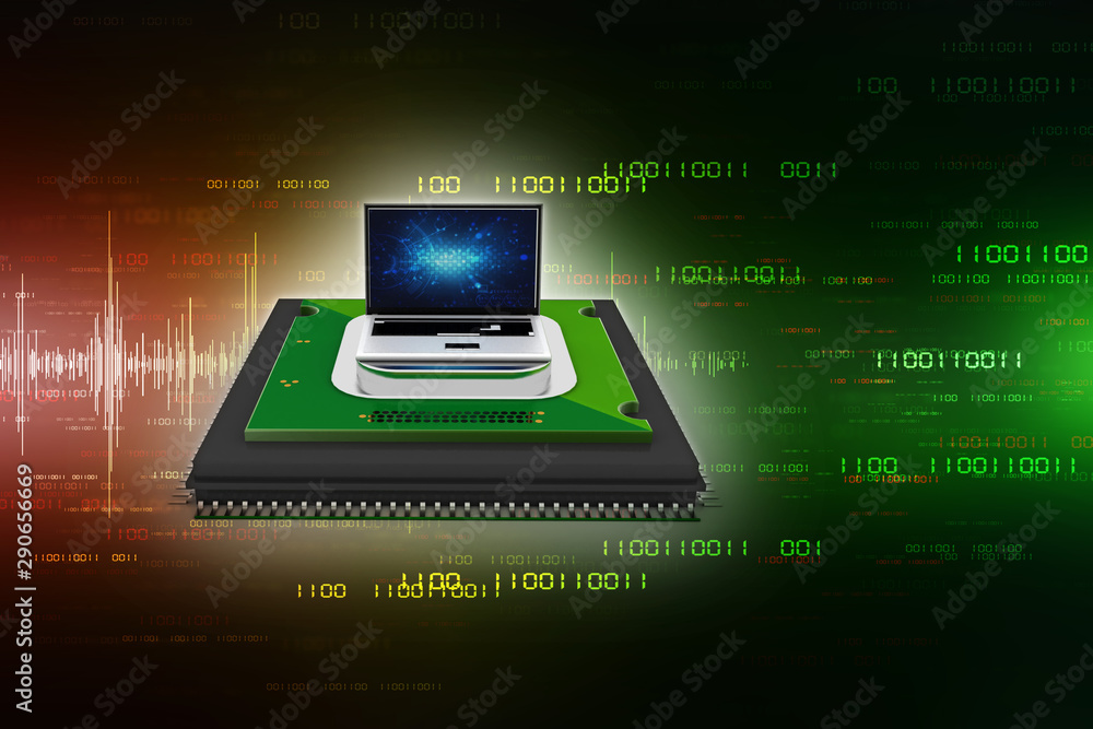 Poster 3d render laptop computer with microchips