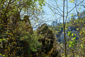 Stone tops of mountains with green trees
