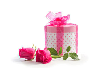 gift box with pink roses on white background