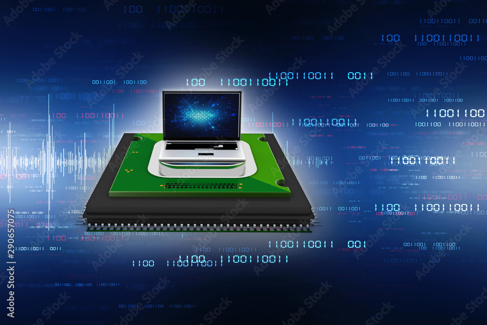 Poster 3d render laptop computer with microchips