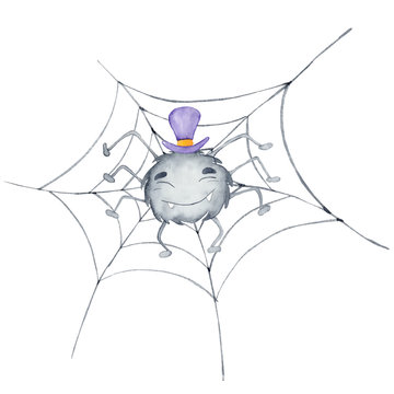 Halloween watercolor illustration with cute charecter spider