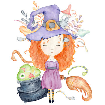 Halloween watercolor greeting card with cute witch