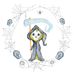 Watercolor death, cartoon character cute illustration