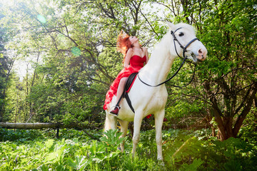 Girl in beautiful red dress on white horse in Park or forest. Photo shoot models and fashion