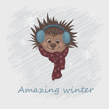 Vector illustration of a cartoon cute hedgehog in a warm red scarf and blue ear warmers on the grey background with white snowflakes.