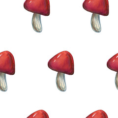 Hand-drawn watercolor seamless pattern of the different autumn fall mushrooms and leaves. Repeated natural background with mushrooms