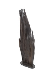 Carved sculpture of bog oak on a white background.