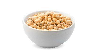 soy beans in bowl on white background.