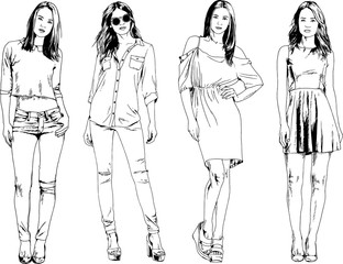 vector drawings on the theme of beautiful slim sporty girl in casual clothes in various poses painted ink hand sketch with no background	