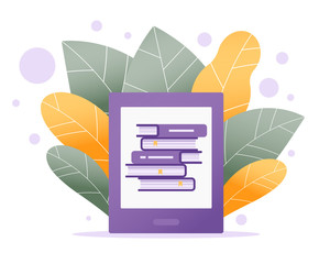 Stack of paper books inside an e-book or e-reader. Concept of modern technology and reading opportunities. Modern flat illustration with leaves.