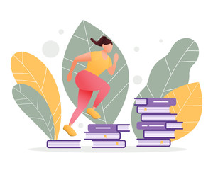 Fit female running on stacks of books forming steps of a ladder. Reading, self-development and education concept. Brain and mental workout. Modern flat illustration.