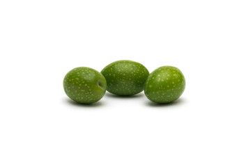 Green olives on a white background