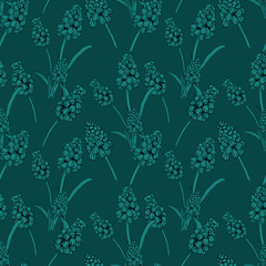 Seamless pattern with realistically painted ink Muscari flowers. Hand drawn illustration on dark green background modified to digital source for modern disign, print textile, fabric, wrapping paper
