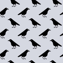 Fototapeta premium Seamless pattern of cute raven crow vector on gray background. Funny illustration