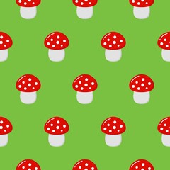 Cartoon Amanita muscaria fly agaric mushroom seamless pattern. Wild forest cute mushrooms vector illustration.