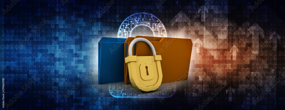 Poster yellow folder and lock. data security concept. 3d rendering