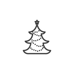 xmas tree with garland line icon. linear style sign for mobile concept and web design. Christmas tree with star outline vector icon. Symbol, logo illustration. Vector graphics