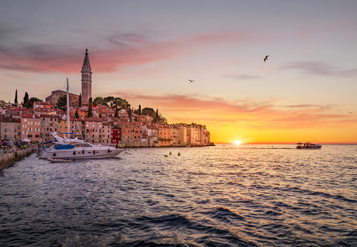 Classic view of Rovinj old town at sunset, Istria, Croatia