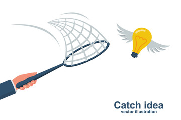 Businessman holding a netting for catch idea. Vector illustration flat design. Isolated on white background. Flying idea. Creative light bulb with wings. Cartoon style.