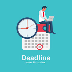 Deadline concept. Business metaphor. Business tasks scheduling on week. Vector design. Isolated on background. Time management. Planning deadline. Businessman with laptop sit on calendar with clock.