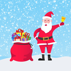 Santa Claus with gift bag and present gifts standing up with falling snow flat style design vector illustration. Merry christmas and happy new year symbols.