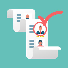 Recruitment concept. Approval of the candidate. Human resources. Red mark on a successful businessman. Search resume staff selects candidates. Vector illustration flat design. Isolated on background.