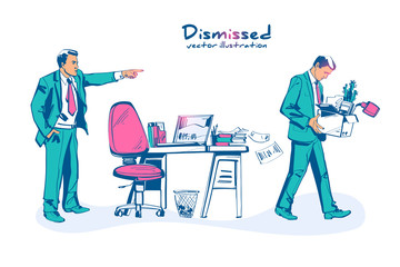 Firing employee. Sad man with a box in hands leaves work. Boss points out bismissed businessman. Employee job reduction, unemployment, crisis in job. Vector illustration sketch design.