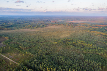 Obraz premium Aerial view of river among the forest. Summer nature landscape. Sunset.