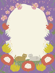 Flowers and cats circle frame, hand drawn template