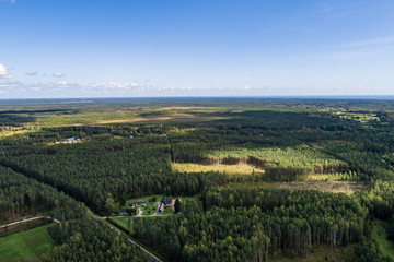 Overhead view of foliage trees, fields and roads in Western Europe. Aerial photography.