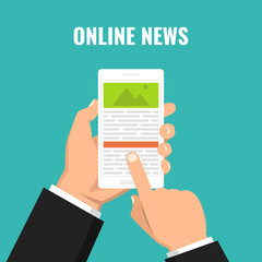 Hand holding smartphone with online news on the screen. Mobile content concept. Flat vector illustration.