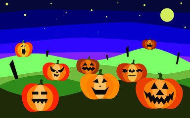 Halloween banner with pumpkins on dark night background. Autumn landscape. Characters with scary faces, sky, stars, the moon, field, pumpkins Happy Halloween spooky postcard - Vector illustration