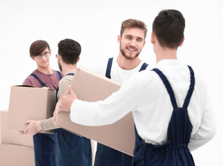 Delivery men with cardboard boxes on white background.